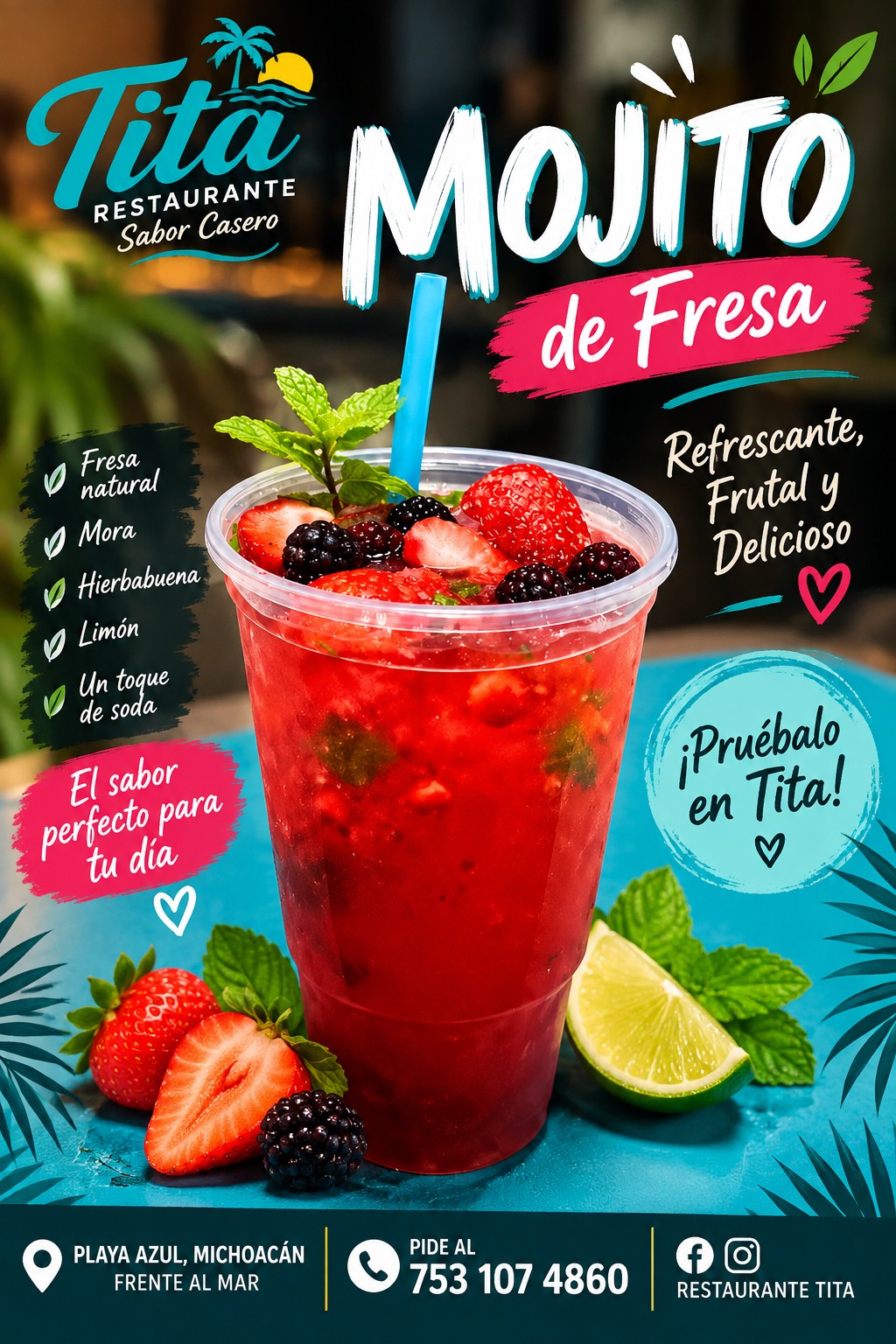 Mojito de fresa y frutos rojos: refrescante, frutal y delicioso — Restaurante Tita, Playa Azul